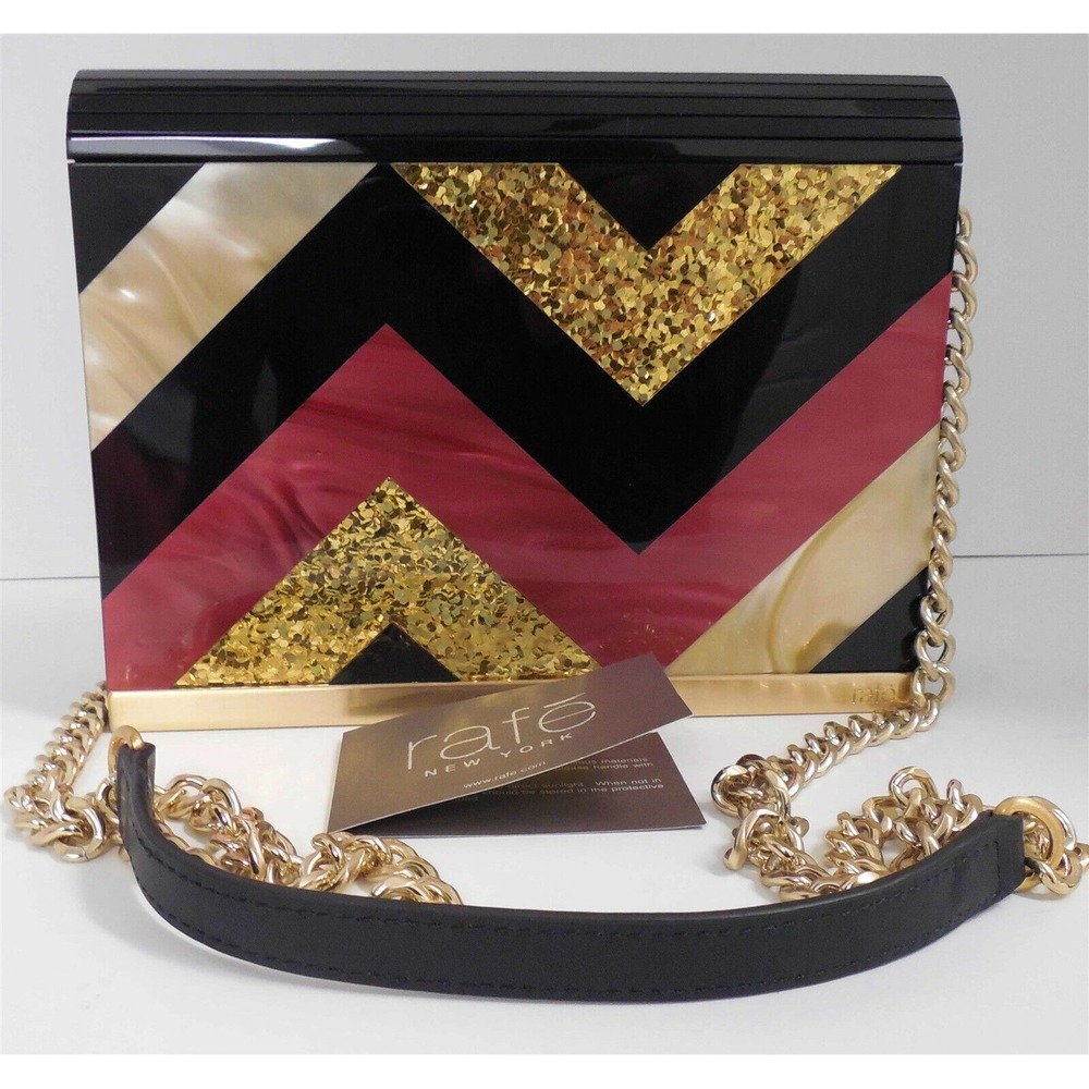 Rafe Abstract Acrylic Black Leather Gold Chain Convertible Crossbody Clutch Bag